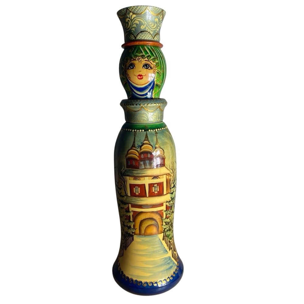 Russian Matryoshka Wooden Nesting Doll Vodka Bottle Holder Vintage hand painted